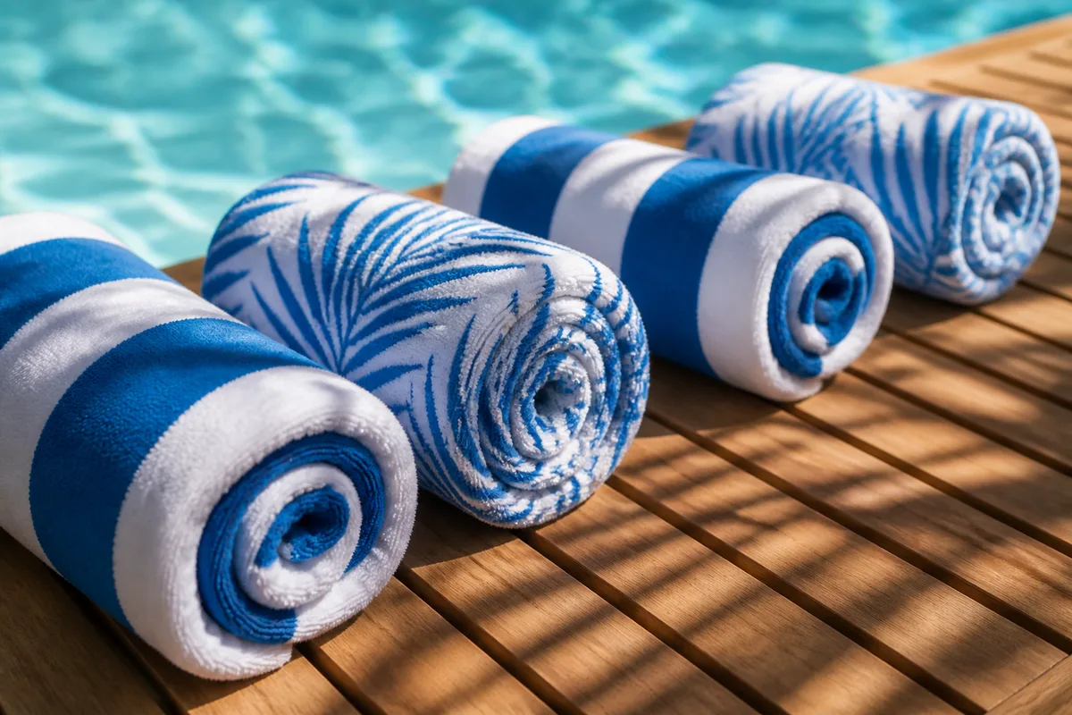 Poolside towels on teak furniture